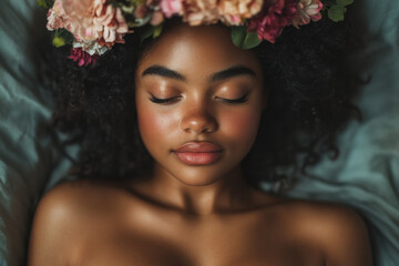 A woman adorned with a flower crown, her serene expression and soft light evoking the ethereal beauty of Renaissance art