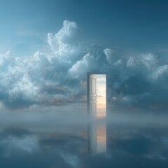 A surreal scene with an open door standing on reflective water, leading to a bright sky beyond dense, dramatic clouds.