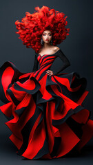 Woman with fiery red hair in an avant-garde dress with bold asymmetrical cuts and sharp contrast