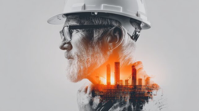 A bearded engineer wearing a safety helmet, with a double exposure effect showing a city skyline and industrial structures glowing in orange.