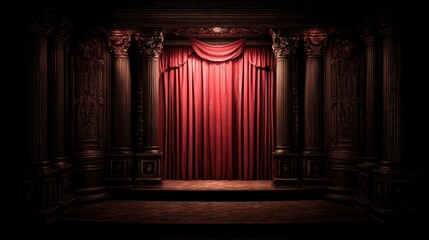 A dramatic stage with ornate wooden columns and rich red curtains, lit to create a theatrical and elegant atmosphere.