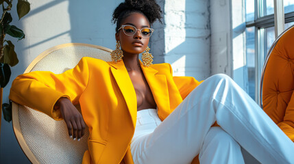 Woman in a colorful minimalist outfit, posing in a modern loft, artistic and stylish