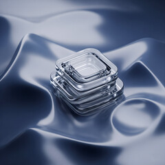 Stacked clear glass squares resting on a flowing blue metallic surface