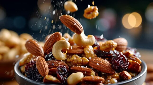 Delicious assorted nuts falling gracefully into a bowl, a perfect blend of flavors and textures. The nuts create a beautiful and appetizing display