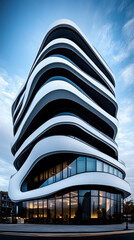 White concrete facade with fluid parametric contours, capturing a sense of motion and innovation