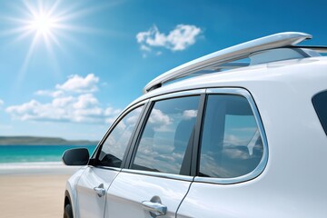White car parked on a sunny beach, reflecting sky and clouds in the windows, ready for a coastal adventure.