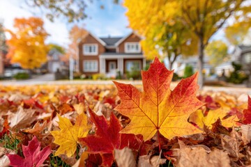 A vibrant maple leaf sits atop fallen leaves with a blurred house in the background, capturing a serene autumnal scene in a residential area.