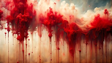 Abstract Painterly Depiction of Cascading Crimson and Cream Ink Clouds image