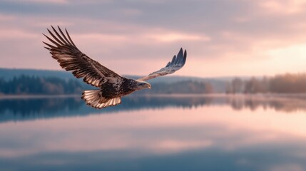 The Majestic Eagle Soaring Over a Serene Lake at Sunset