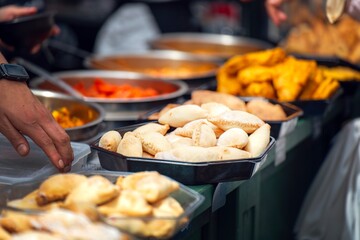 Assorted Indian savory pastries displayed on a street food stall counter, showcasing authentic...