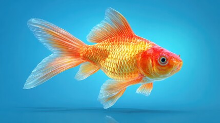 A vibrant orange goldfish with translucent fins swims against a bright blue background, showcasing its detailed scales and delicate tail.