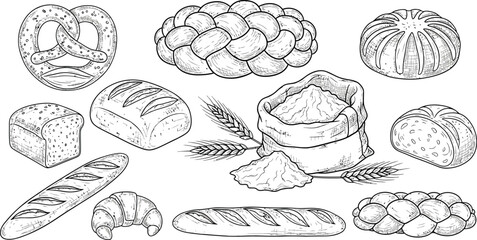 Assorted sketched bread and flour sack on a white background view