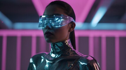 Futuristic fashion performance in the year 2080 featuring digital sunglasses and avantgarde style on stage