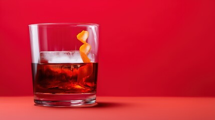 Classic glass of negroni cocktail with a fresh orange slice on top surrounded by a soft pastel background for an elegant evening drink