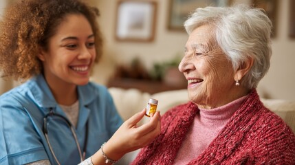 Home health nurse administering oral medication to senior
