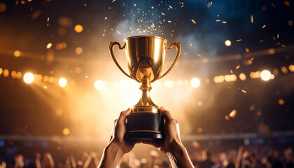 hands holding a shining golden trophy cup under bright stage lights, symbolizing success, achievement, and victory
