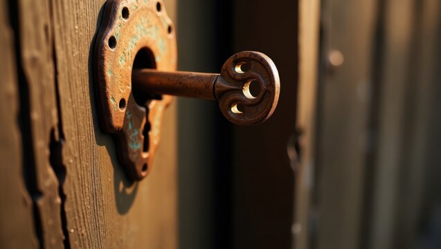 Primer plano de una llave girando dentro de una vieja cerradura oxidada sobre un fondo de puerta de madera descolorida