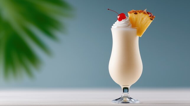 Frosty pina colada cocktail with a pineapple slice on top set against a soft pastel background creating a refreshing tropical drink experience