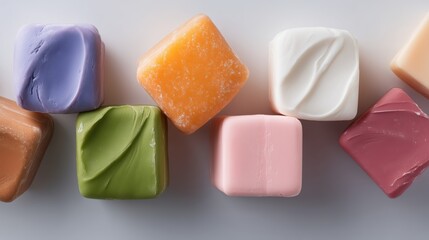 A stunning variety of different colored soaps laid out in a mosaic tile pattern highlighting their bright colors and unique textures