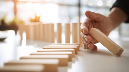 The hand gently balances a wooden domino in a strategic game of chance.