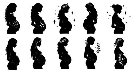Stylish silhouettes depict pregnancy, showcasing prenatal maternal health and beauty with decorative designs on the expectant mothers.