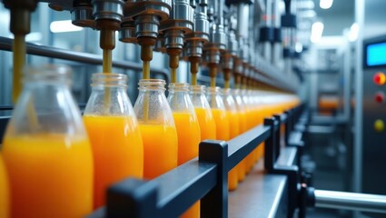 Botellas de vidrio que se llenan con jugo de naranja en una línea de producción de alta velocidad