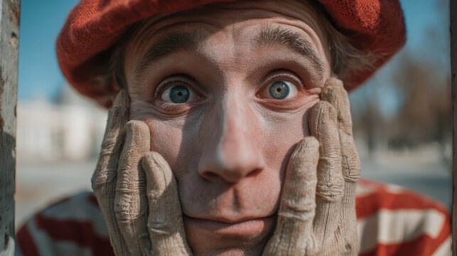 mime artist expressing emotions with silent gestures in urban park