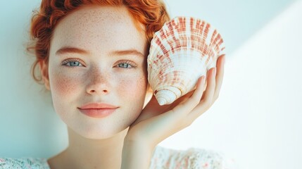 Red-haired smiling girl listening to seashell echo in light-filled dreamy atmosphere for summer storytelling