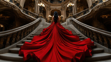 A striking woman with black hair in a dramatic red gown, standing majestically on a luxurious marble staircase with gilded details