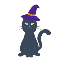 Black cat with witch hat. Halloween vector symbol.