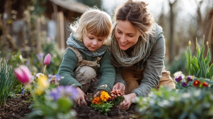 Mother and child planting flowers in garden, springtime happiness