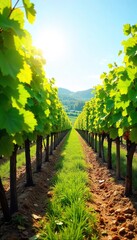 Sun-Drenched Vineyard Rows Ripe Grapes Ready for Harvest. A picturesque view of lush green vines stretching across a stunning landscape, showcasing the beauty of viticulture at its peak.