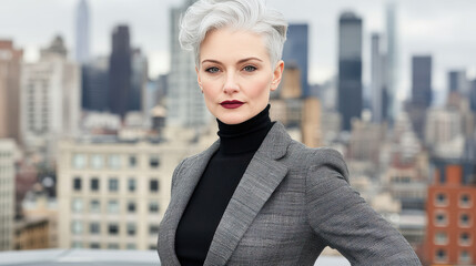 A silver-haired woman in a tailored plaid blazer, black turtleneck, and wide-leg trousers, standing against a city skyline on a rooftop