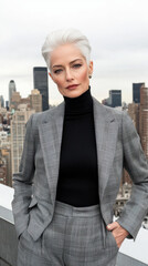 A silver-haired woman in a tailored plaid blazer, black turtleneck, and wide-leg trousers, standing against a city skyline on a rooftop