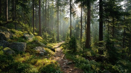 Obraz premium Sunlit summer pine forest with golden rays breaking through dense green