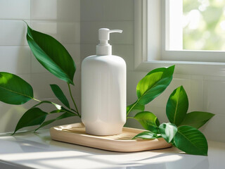A blank ceramic soap dispenser mockup with wooden tray and green leaves, placed on white bathroom counter under daylight, ideal for personal care or hotel branding.