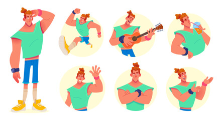 Funny cartoon man character in different situations.