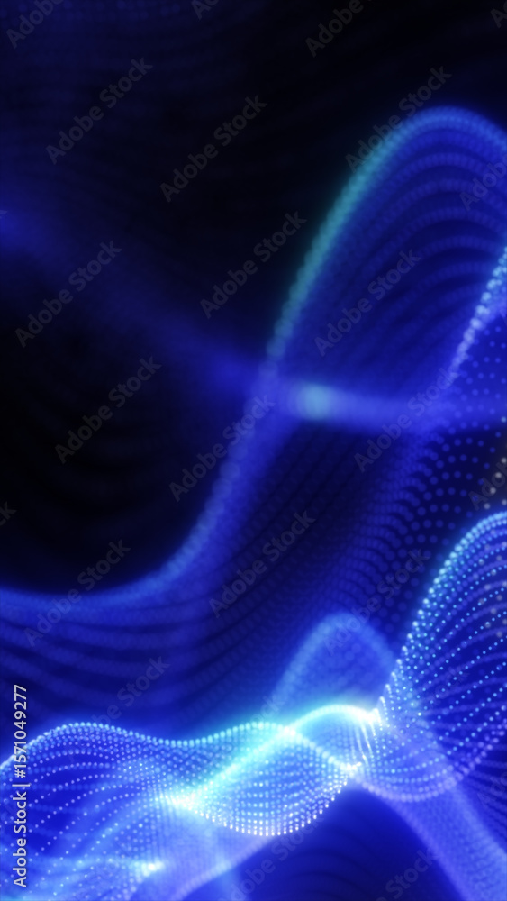 Poster flowing abstract blue waves with digital dot patterns forming smooth curves in motion