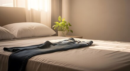 A sunlit bedroom scene featuring a bed with white linens and a pair of blue jeans. A potted plant adds a touch of green. The soft lighting creates a serene atmosphere.
