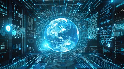 Obraz premium Digital Horizons: Futuristic Future Technology Background Maps – Holographic City Grids, Neon-Lit Data Networks, Quantum Computing Nodes, and Interstellar Navigation Routes in Sleek Digital Art for Te