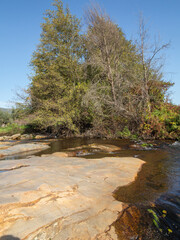River stream waterfall in forest landscape, beautiful nature water stream with rocks in the forest little mountain waterfall water flowing and stone clear water in mountain river with tree