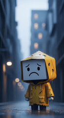 Sad cube-shaped character in yellow raincoat stands in rainy city street, conveying feelings of loneliness and melancholy