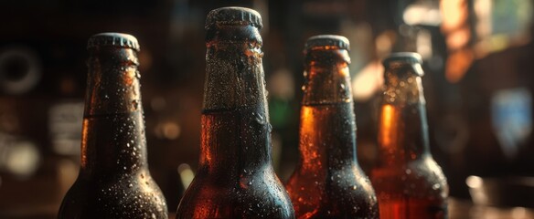 The refreshing collection of chilled beer bottles with condensation