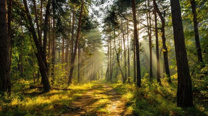 Obraz premium Sunlit summer pine forest with golden rays breaking through dense green