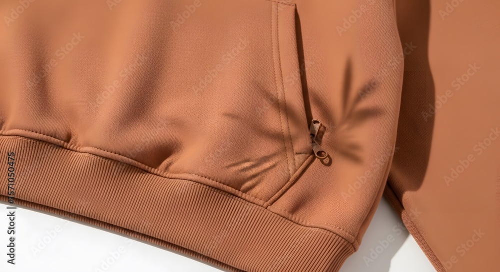 Poster close-up shot of a textured brown fabric with a pocket and ribbed hemline features a shadow of a pla