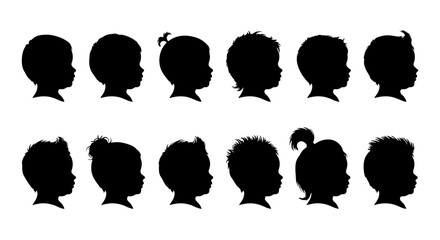 Silhouette collection of children's faces displaying diverse hairstyles and expressions, perfect for creative design projects