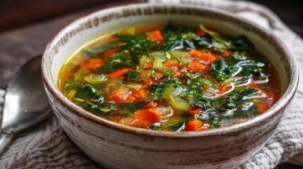 Detox soup made with carrots, celery, onion, spinach and herbs