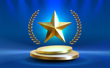 Awards nomination name podium, golden prize event, scene star ceremony. Vector illustration