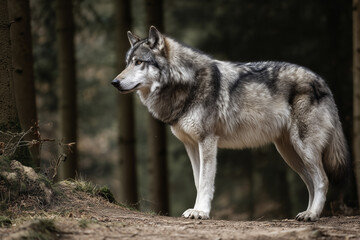 Obraz premium Side profile of a gray wolf walking along a forest trail in side lighting