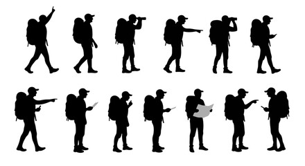 Hiking adventures showcase active lifestyle in this silhouette set for outdoor enthusiasts and nature lovers.